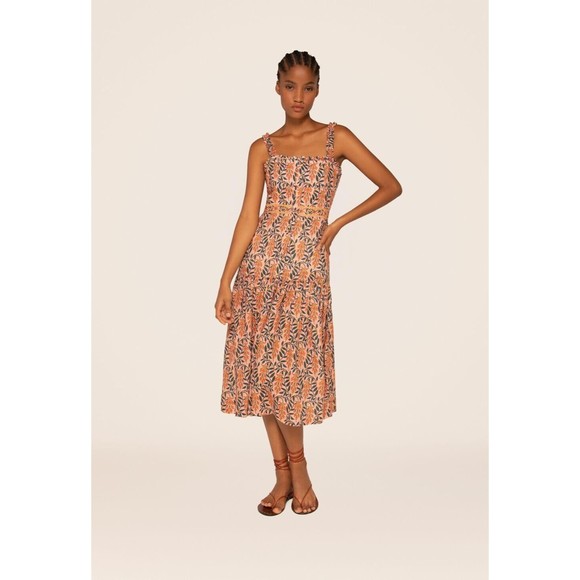 Agua By Agua Bendita Nispero Herbacea Atardecer Midi Dress L Floral Print Linen